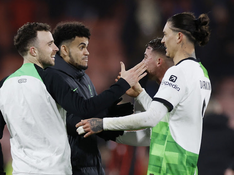 Liverpool's Diogo Jota, Luis Diaz and Darwin Nunez celebrate after the match against Bournemouth . Picture: PETER CZIBORRA/ACTION IMAGES via REUTERS