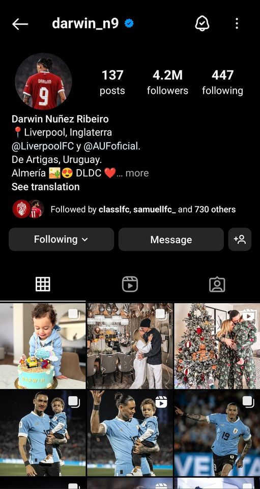 May be an image of ‎5 people and ‎text that says "‎darwin_n9 9n ล و 137 posts 4.2M followers 447 following Darwin Nuñez Ribeiro Liverpool, Inglaterra @LiverpoolFC @AUFoficial. De Artigas, Uruguay. Almería DLDC See translation .more Followed by classlfc, samuellfc_ and 730 others Following Message DARWIH VE‎"‎‎